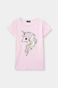 Girls’ Pink Unicorn Print T-Shirt