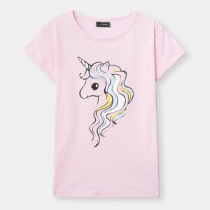 Girls’ Pink Unicorn Print T-Shirt